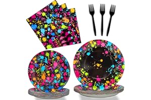 PARTY GREETING Neon Party Supplies for 24 Guests Neon Plates and Napkins Tableware Set Glow Disposable Paper Dinnerware Colorful Graffiti Birthday Party Decoration Favor Birthday Baby Shower Celebration，96 Pieces