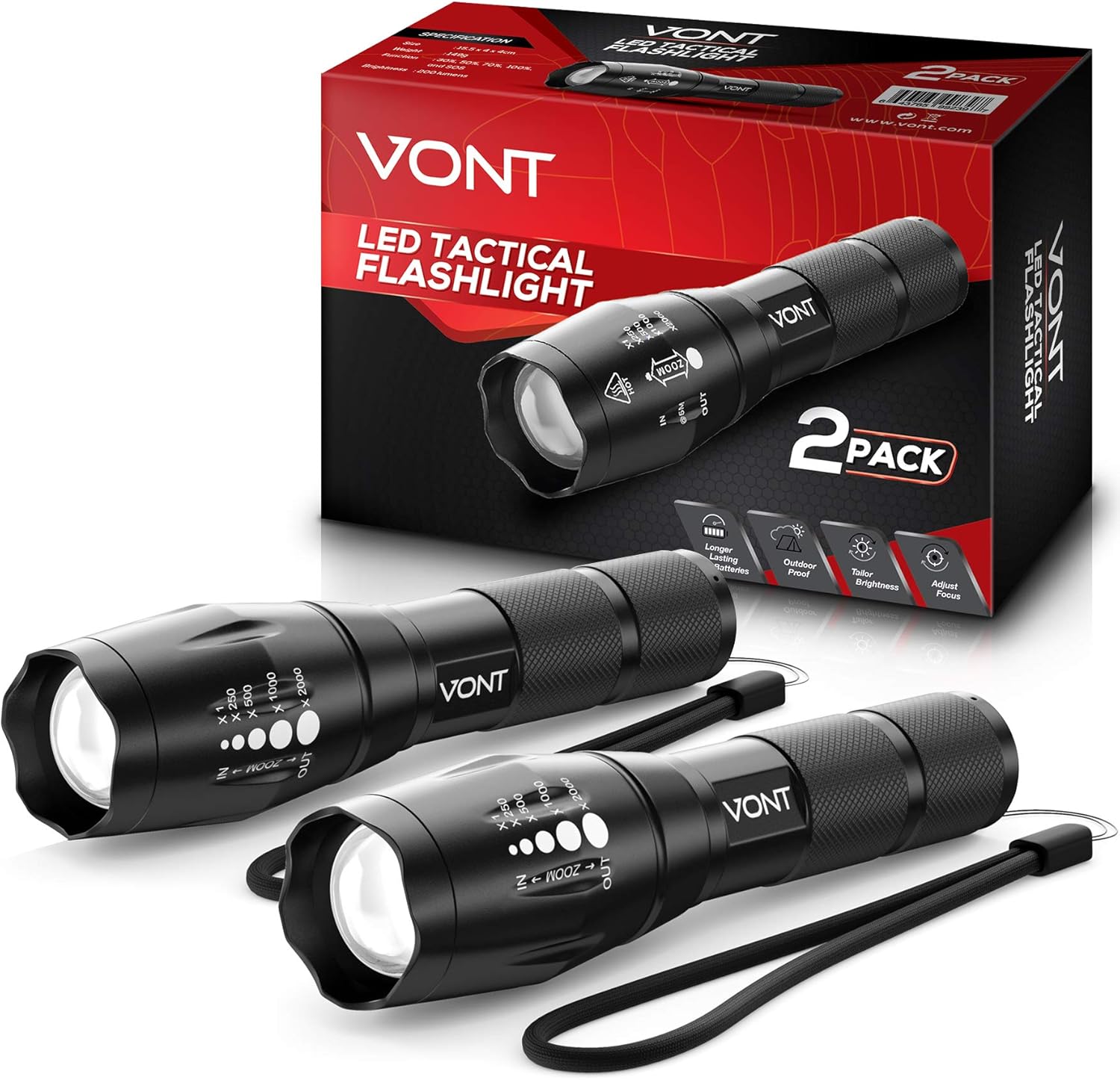 Vont 'Blaze' Tactical Flashlight, 2 PACK, LED Flashlights, Extremely Bright Flash Light, High Lumen, Adjustable Beam, Water-resistant, Great for Hiking, Camping, Survival, Emergency, Outdoors - - 