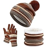 Kids Winter Hat Gloves Scarf Set: Girls Boys Beanie Hats Gloves Knit Set with Thick Warm Fleece Lined For Ages 6-10 Children