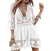 Eomenie Women's Contrast Lace Bathing Suit Cover Up V-Neck Swimsuit Coverups Loose Swimwear Beach Dress Beachwear