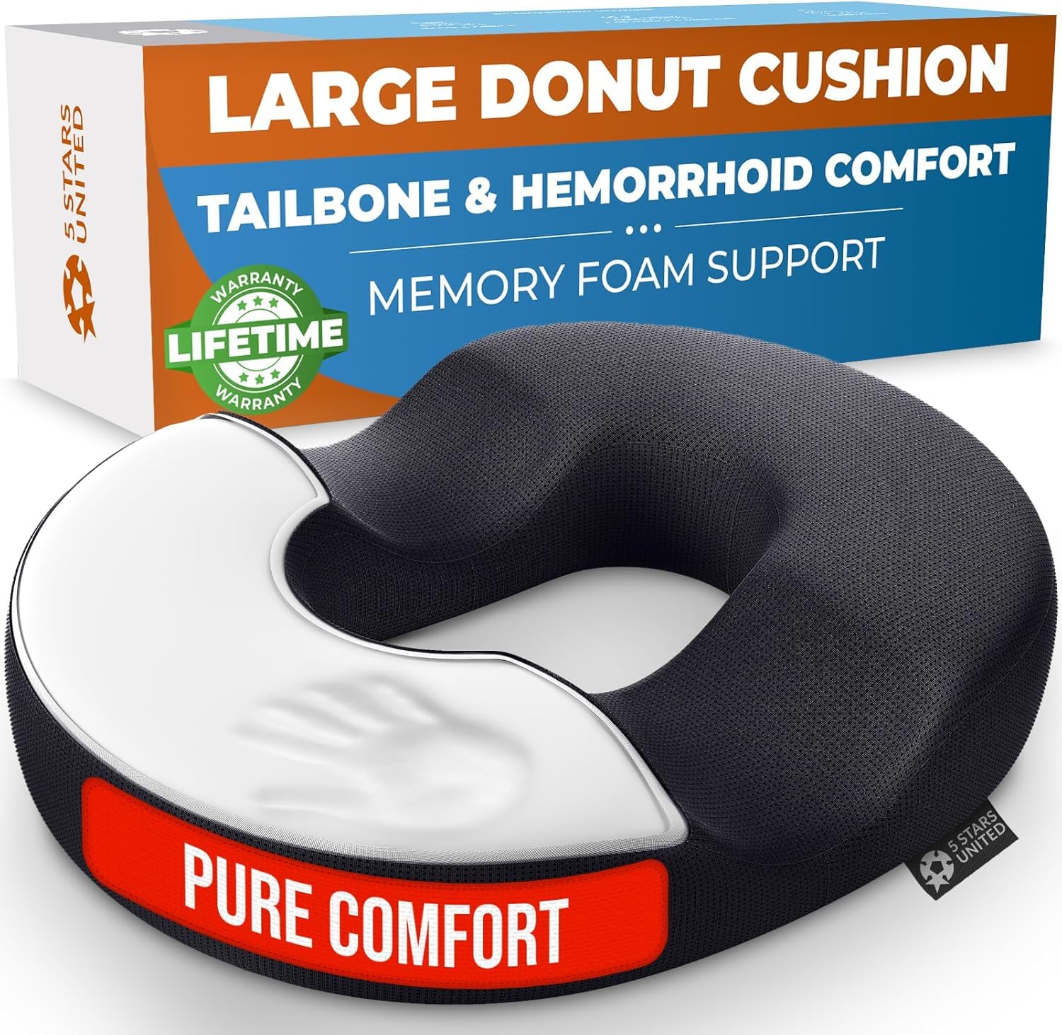 Photo 1 of 5 STARS UNITED Donut Pillow Hemorrhoid Tailbone Cushion – Large Floor Cushion for Pain Relief – Coccyx, Prostate, Sciatica, Pelvic Floor, Pressure Sores, Pregnancy, Postpartum Recovery, Black