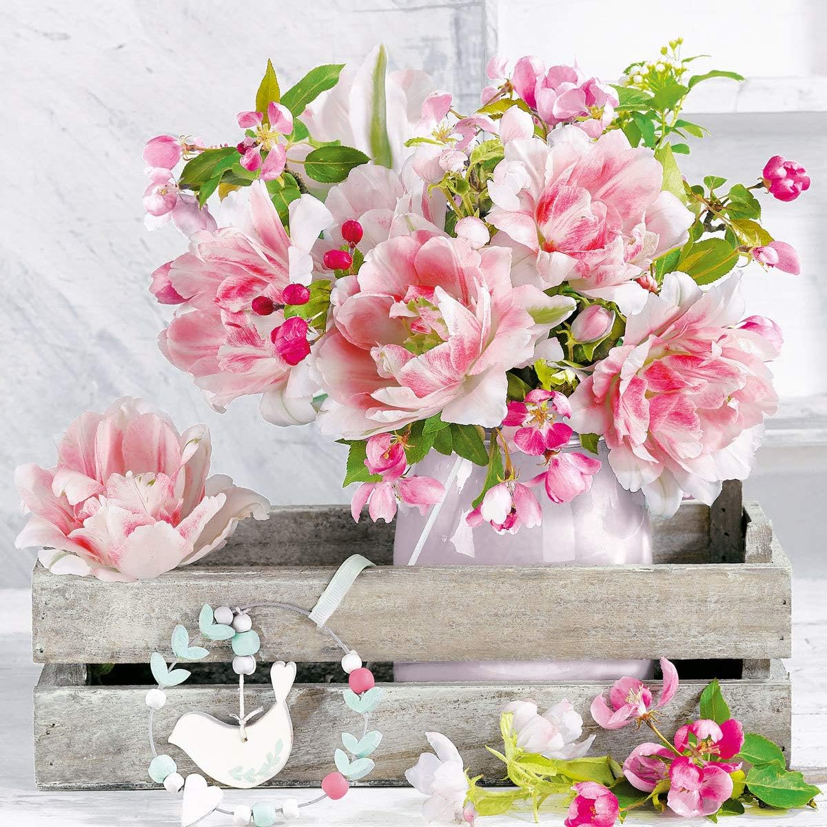 20 Servietten Osterszene – Blumenwagen-Frühlingsmotiv, 33x33 Cm, 3-lagig, Umweltfreundlich