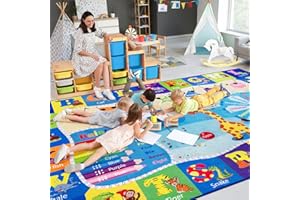 B BENRON Kids Rugs for Playroom Bedroom Classroom Nursery, Non-Slip and Washable Rugs for Children Toddlers Girls, Educational and Fun Rug Carpets with ABC Alphabet Animals Shapes, 7x10, Blue