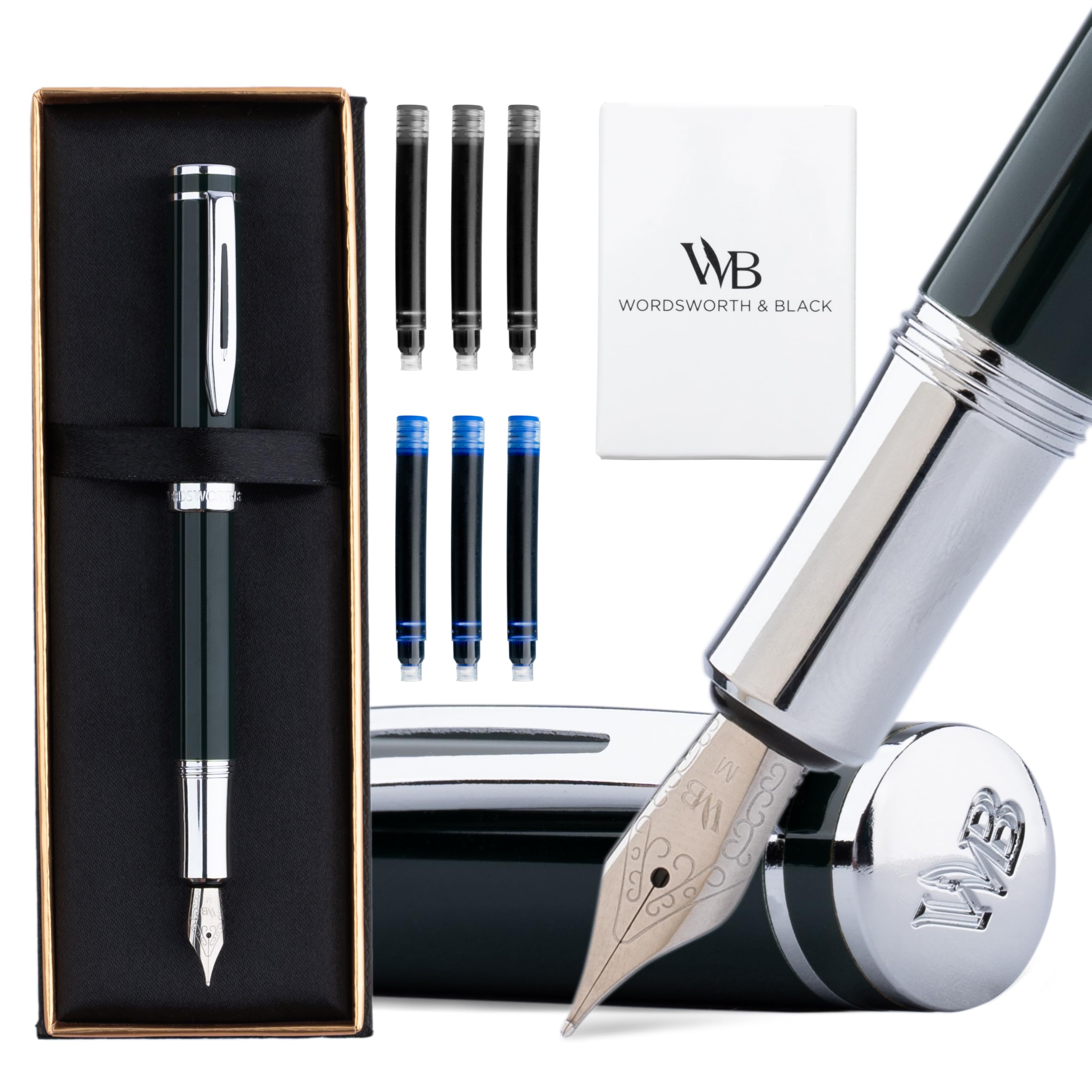 Wordsworth and Black Fountain Pen Mini EDC: Luxury Green Heavy Pocket Pen, Chrome Finish, Medium Nib, 6 Ink Cartridges, Ink Converter, Travel Refillable Writing Pen Gift Set, Men & Women