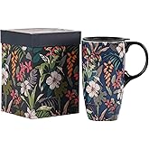 Topadorn Ceramic Coffee Mug Travel Cup Gift with Lid 17oz., Porcelain Tall Tea Cup with Handle for Home & Office, Blue Flower Art Pattern Mug in Gift Box, 6.5''H