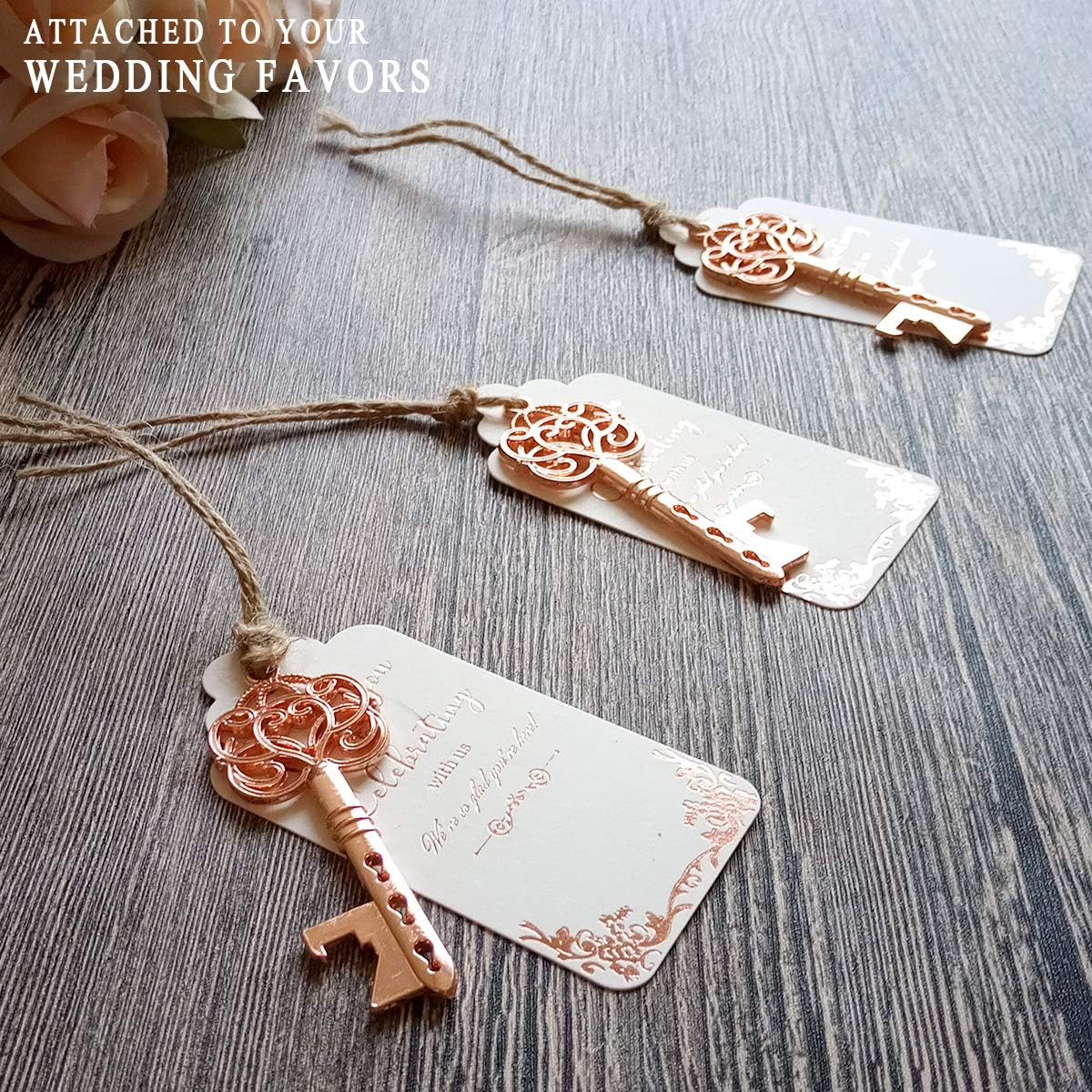 100 Wedding Favor Tags (Free Extra Long 328ft Twine), Rose Gold Foil Preprinted on White Tags with Writing Thank You for Celebrating with Us, We’re so Glad You’re Here : Office Products