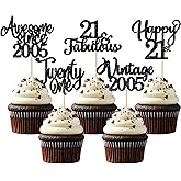 30Pcs Happy 21st Birthday Cupcake Toppers Glitter Awesome Since 2005 Twenty-one 21 Fabulous Vintage 2005 Cupcake Picks for 21st Birthday Anniversary Retirement Party Cake Decorations Supplies Black