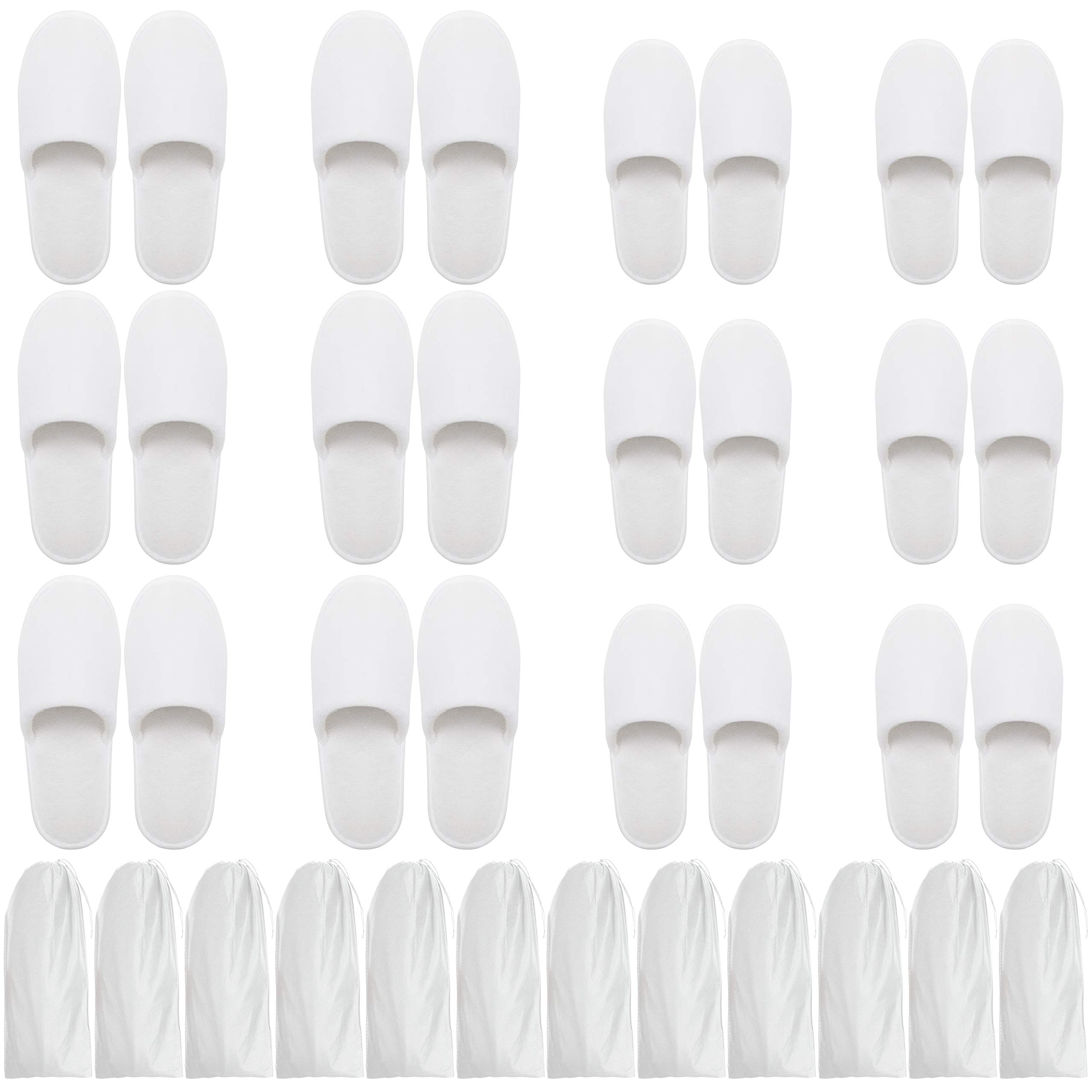 BIZARRE.LY White Fluffy Spa Slippers with Drawstring Bags (12 Pairs) - Closed Toe Washable Reusable Slippers - Two Sizes (S, L) Fits Men & Women - For Bathroom, Guests, Travel, Home, Wedding & Hotel