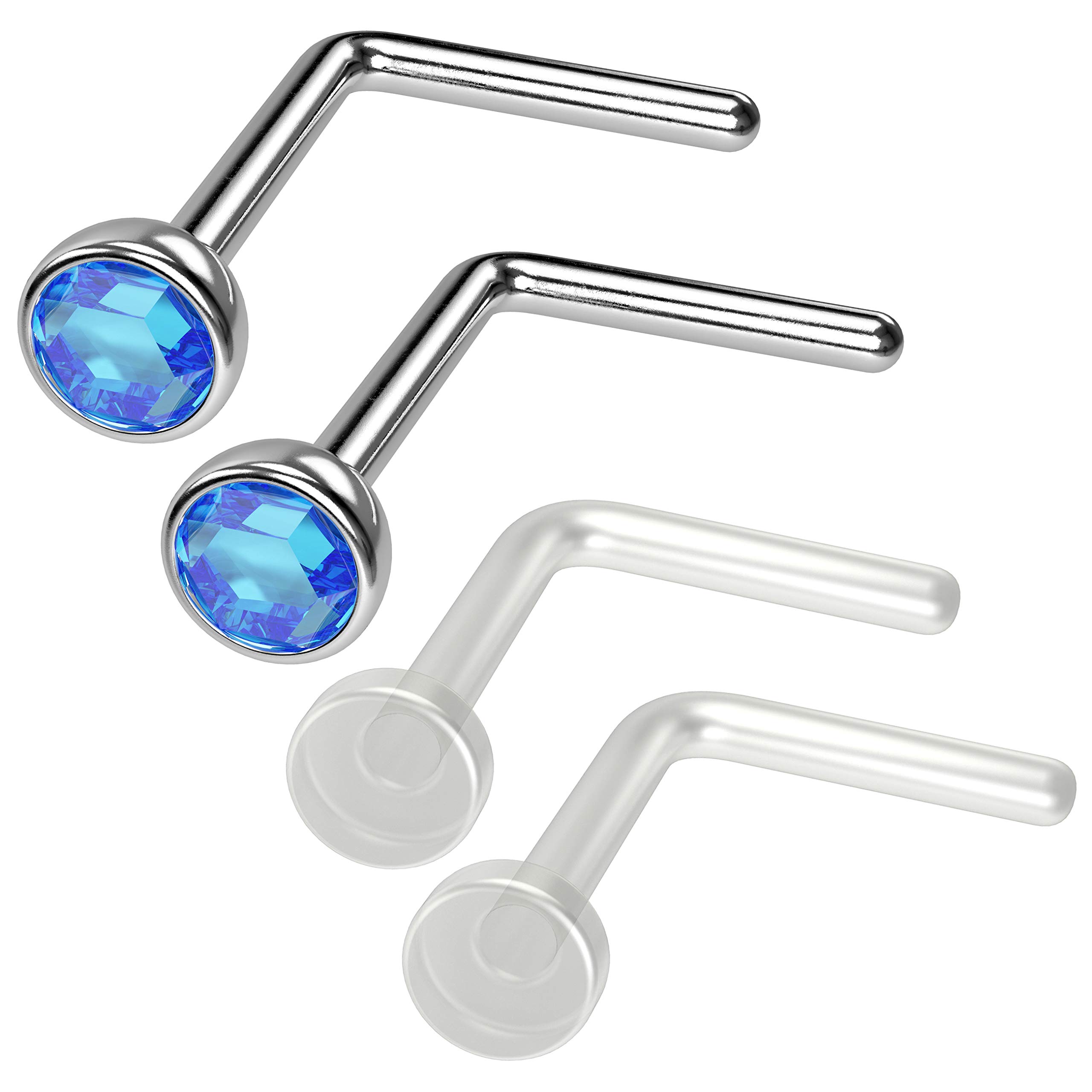 4pc 0.8mm 20g 0.8mm Nose Ring Bars L-Shaped Nose Ring Bar Surgical Steel Flexible Bend Shape Studs Nostril Piercing 2.5mm Light Sapphire Retainer Keepers