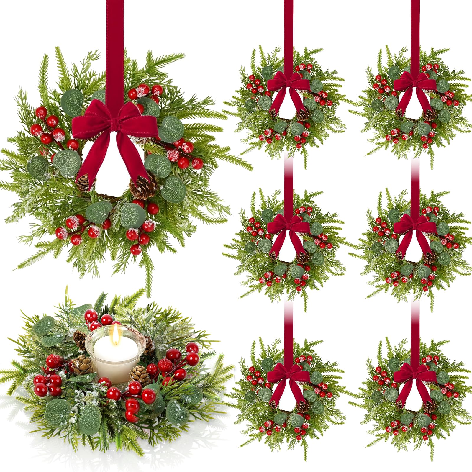 Photo 1 of 6 Pcs 9.2" Mini Christmas Wreaths for Cabinets Small Wreath Kitchen with Ribbon Christmas Decorations Candle Rings Red Berry Pine Cone Wreaths for Windows Farmhouse Xmas Decor Table Centerpiece