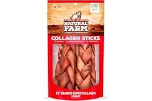 Natural Farm Odor-Free Super Braided Collagen Dog Chews (12-Inch, 5-Pack) First Ever Real Bull Sticks Alternative: 100% Natural Angus Hide Collagen Treats - More Protein, More Chew Time for All Dogs