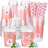 Jingmore 50 Pcs Party Disposable Plastic Cups 12 oz with Lids Straws Themed Party Supplies Plastic Tumbler for Birthday Table Decorations Favors(Halloween Ghost,Pink)