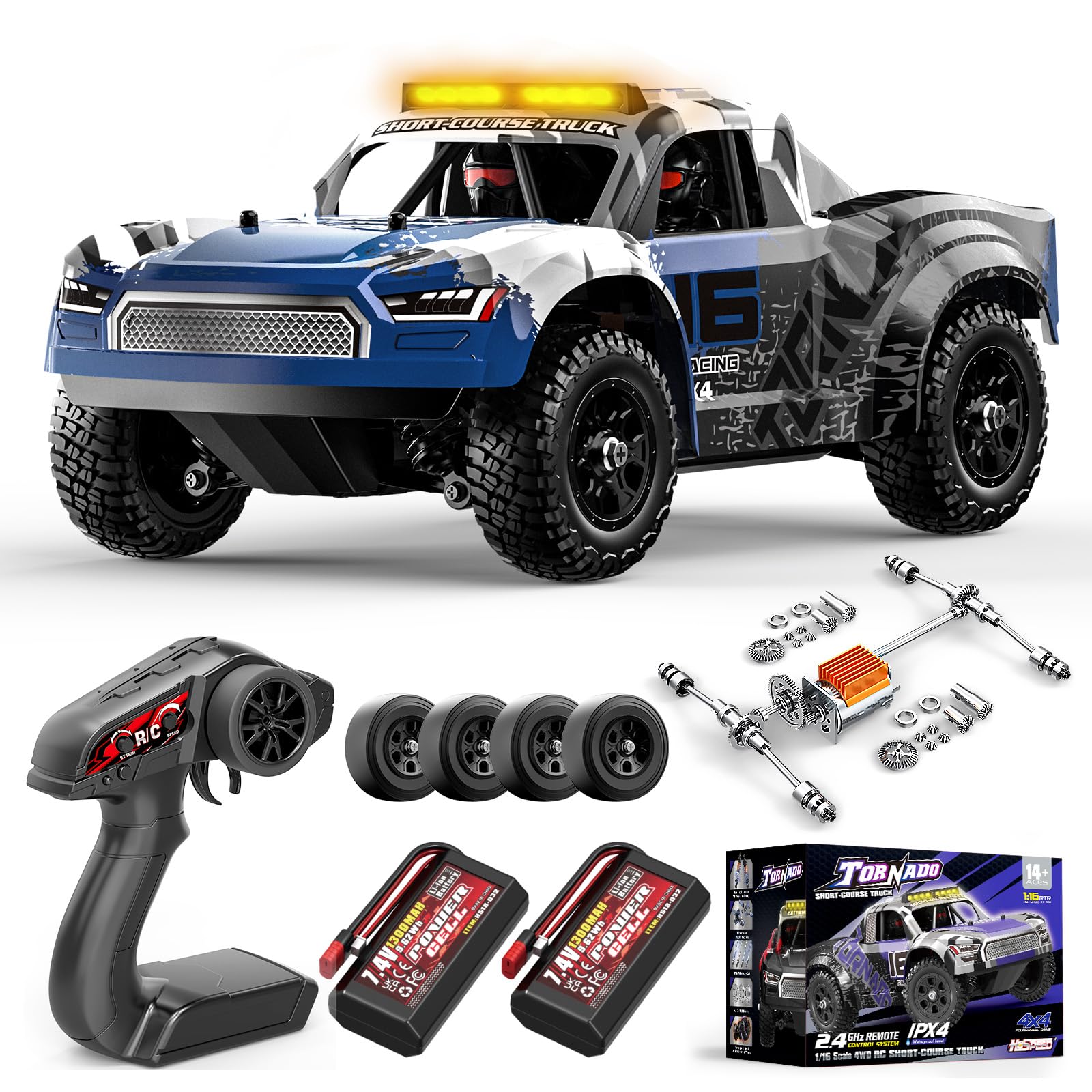 1:16 RC Car for Adults & Boys,2.4GHz remote control cars 36km/h 4WD Off-Road Water-Resistant Electric Powered Vehicle with Dual Batteries, Drift & Off-Road Tires, Metal Drivetrain and LED Lights