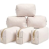 Sanwuta 6 Pcs Seersucker Cosmetic Bags Bulk Seersucker Makeup Bags Stripe Women Pouch Large Preppy Storage Pouch Toiletry Travel Organizer for Wedding Bridesmaid Bride Favor Mom Gift (Khaki)