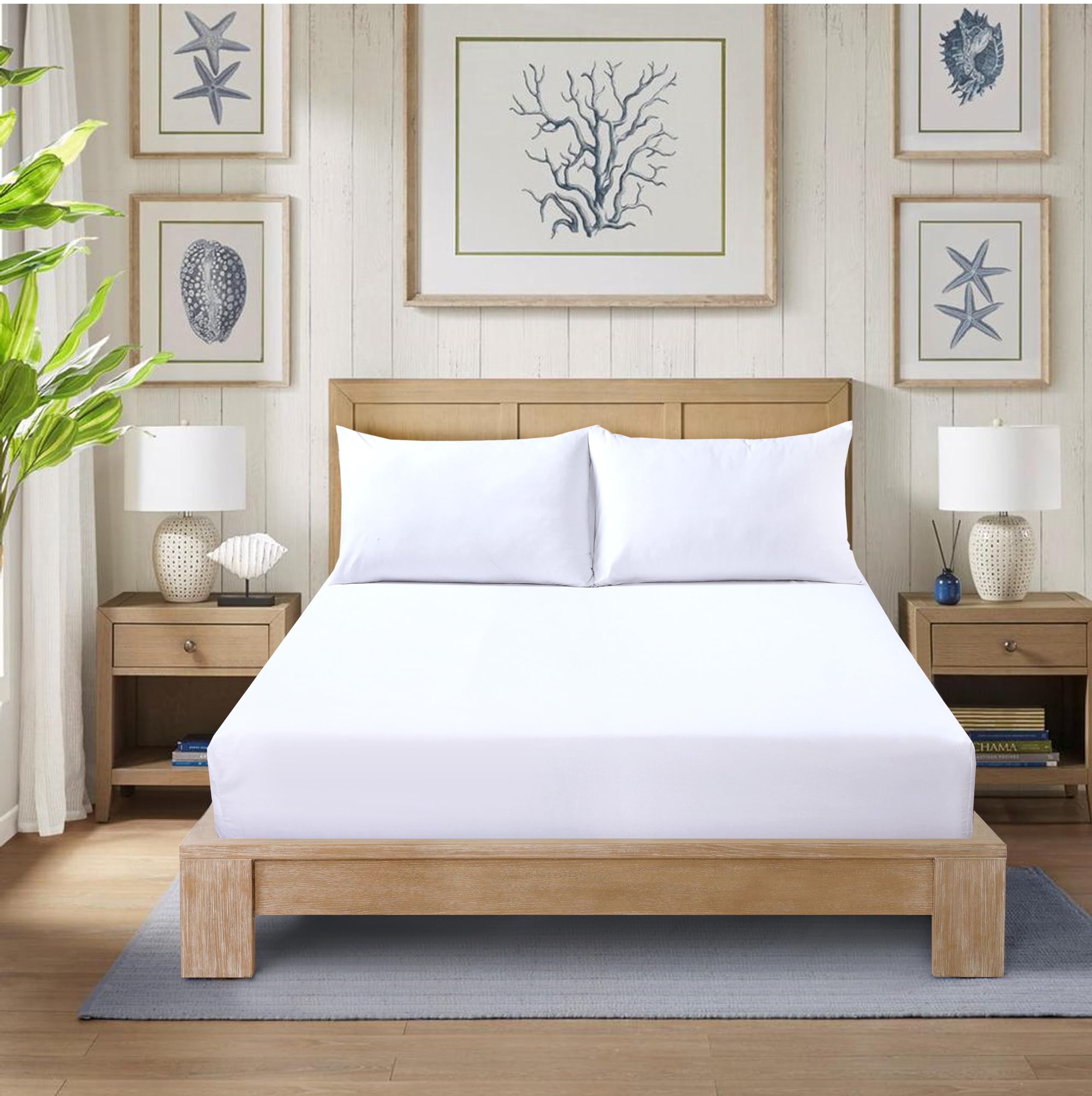 CHARKHAH Polycotton Fitted Sheet for Single Double King Super King Bed 200 Thread Count Anti Wrinkle Plain Bedding 25 cm Extra Deep Fitted Sheets Cover with Elastic Edges (White, Double)