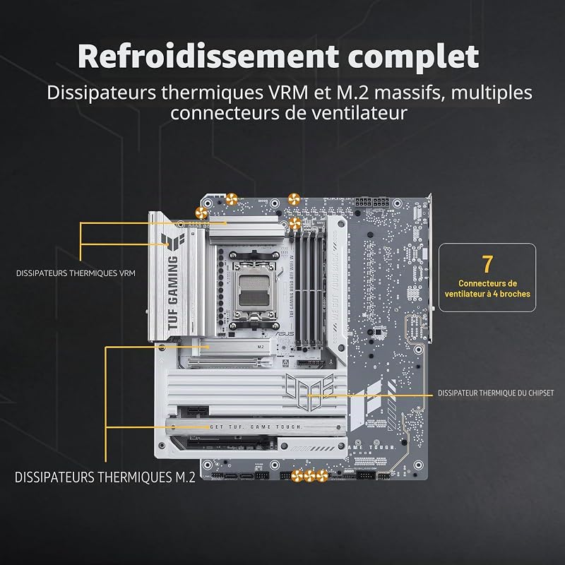 TUF Gaming B850-BTF WiFi W, Carte mère AMD ATX, 14+2+1 Phases d'alimentation, Fente DDR5, PCIe 5.0 Ready, 3 emplacements M.2, WiFi 7, Realtek 2.5Gb, USB-C, HDMI, DisplayPort, BIOS Flashback et