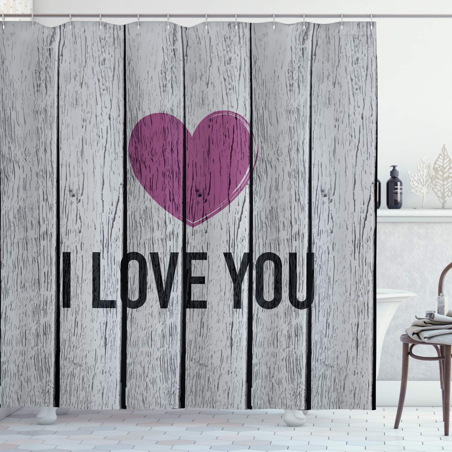 ABAKUHAUS I Love You Shower Curtain, Love You Typography on Wooden Planks Rustic Symbolic Celebration Picture, Cloth Fabric Bathroom Decor Set with Hooks, 70 Inches, Fuchsia Pale Grey