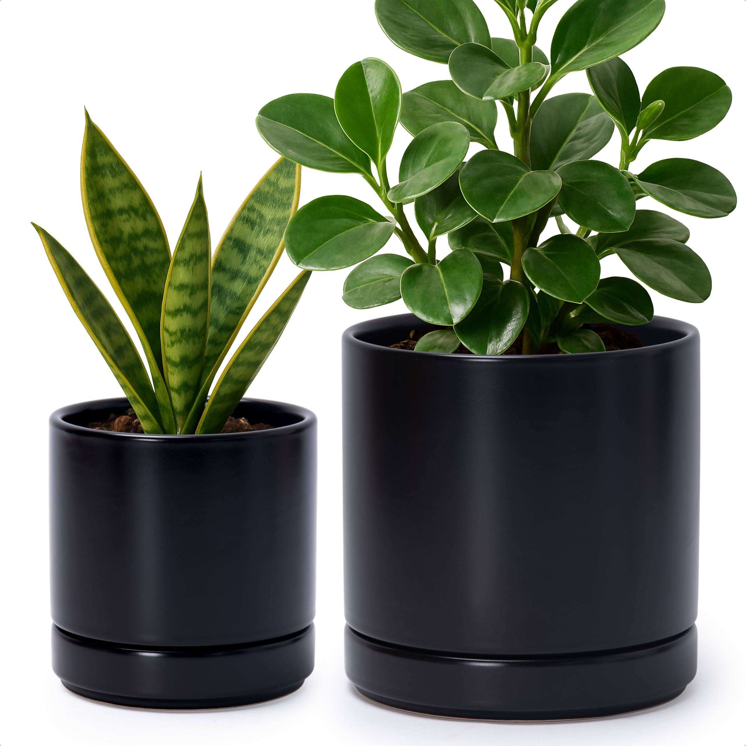 D'vine Dev 4.6 Inch & 6 Inch Ceramic Planter Pots for Plants with Drainage Hole and Saucer, Small Plant Pots Set, Black, 94-G-S-2
