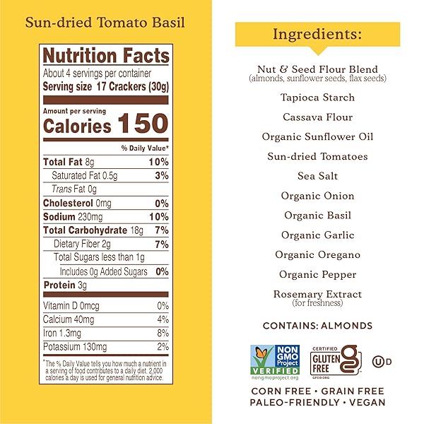 SIMPLE MILLS ALMOND FLOUR CRACKERS, SUNDRIED TOMATO & BASIL – GLUTEN FREE, VEGAN, HEALTHY SNACKS, PLANT BASED, 4.25 OUNCE (PACK OF 3)
