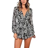 Bonkwa Women's Summer Deep V-Neck Floral Print Romper Long Baggy Sleeves Double Layer Ruffle Hem Short Jumpsuits with Belt…