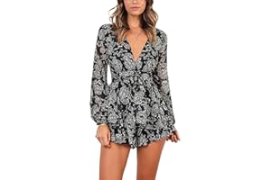 Bonkwa Women's Summer Deep V-Neck Floral Print Romper Long Baggy Sleeves Double Layer Ruffle Hem Short Jumpsuits with Belt…