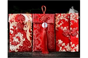 VGOODALL 3 Pcs Chinese New Year Silk Red Envelopes, Dragon and Phoenix Embroidered Red Pocket Lucky Money Hong Bao for Lunar New Year Wedding Birthday Gifts