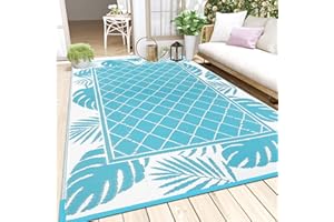 Ileading Outdoor Rug Carpet for Patio 5' x7' Waterproof Reversible Plastic Straw Rug Portable Outside Area Rug Camping Mat for Patio, Clearance, Balcony, Picnic, Pool, Beach, RV, Deck, Leaf Teal