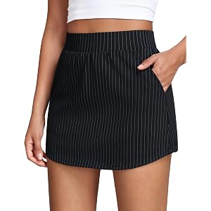 Sogetdo Skorts for Women with Pockets, A Line Mini Skirts | Built-in Shorts, Soft, Stretchy, Cute Skirts, 3 Pockets, Striped,
