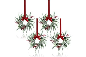 JUSTOTRY 4Pcs Christmas Wreath, 10 Inch Mini Wreaths for Kitchen Cabinets, Christmas Door Wreath, Small Christmas Wreath for Fireplace Window Farmhouse Indoor Home Decorations