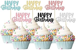 Gyufise 24Pcs Happy Birthday Cupcake Toppers Glitter Birthday Cupcake Food Picks for Celebrating Happy Birthday Party Cake Decorations Supplies Six Colors