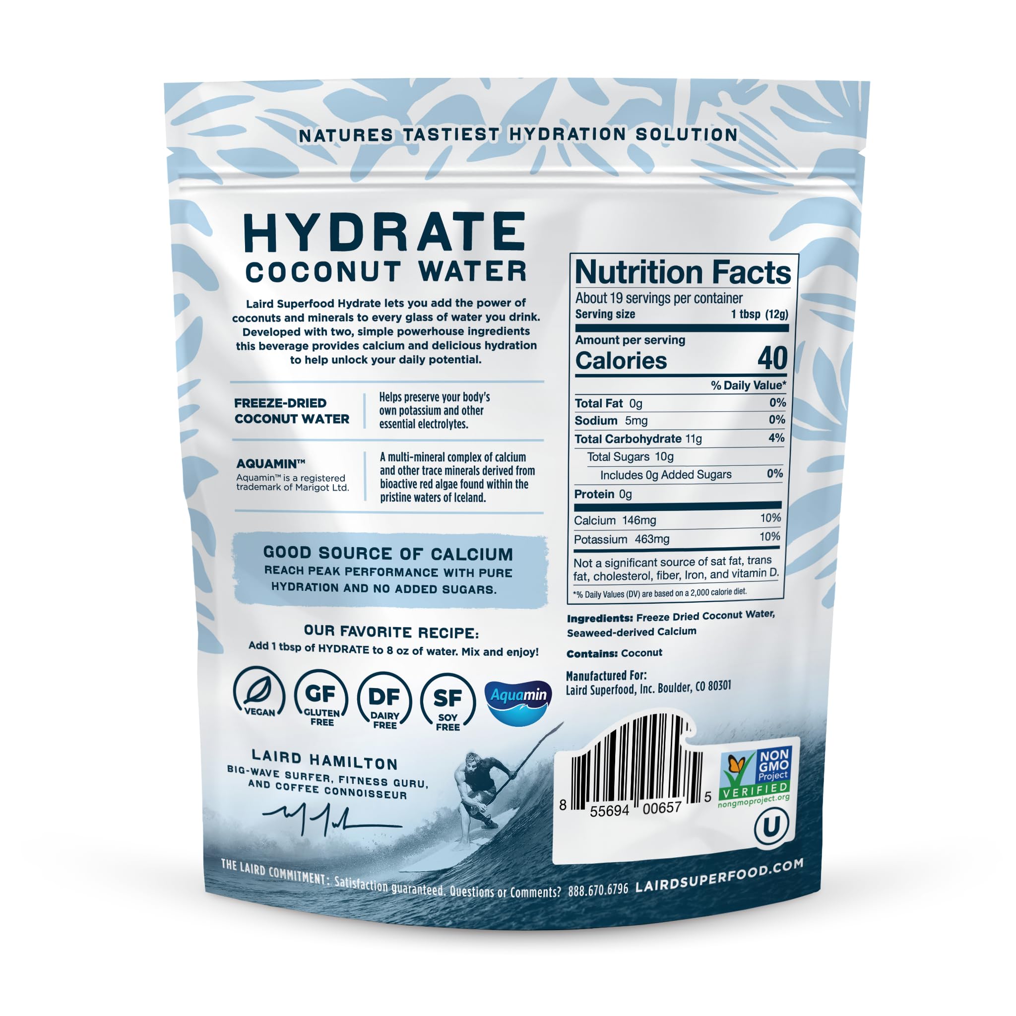 Laird Superfood HYDRATE Coconut Water Powder Drink Supplement with Coconut Water and Auqamin, All Natural, No Added Sugars, Gluten-Free, Non-GMO, Vegan, 8 oz. Bag, Pack of 1