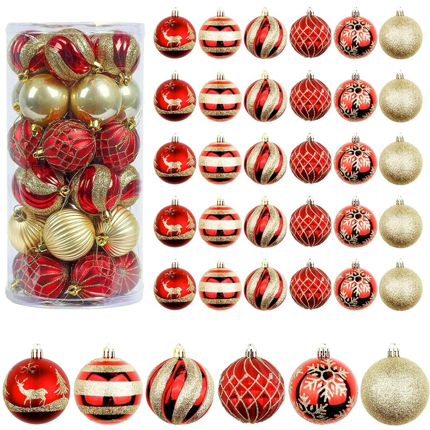 LATERN 30Pcs Christmas Baubles, 6CM Red and Gold Christmas Ball Ornaments Shatterproof Xmas Hanging Balls Sets for Christma Tree Holidays Home Xmas Party Decoration (6 Styles)