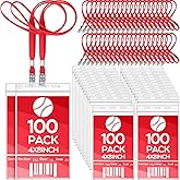 Patelai 100 Pcs Extra Large 4 x 8 Inch Badge Holders with Lanyard Bulk PVC Waterproof Card Holder Credential ID Protector Sleeves 3 Lanyard Slots at Top for Office Sporting Events Concert (Red)
