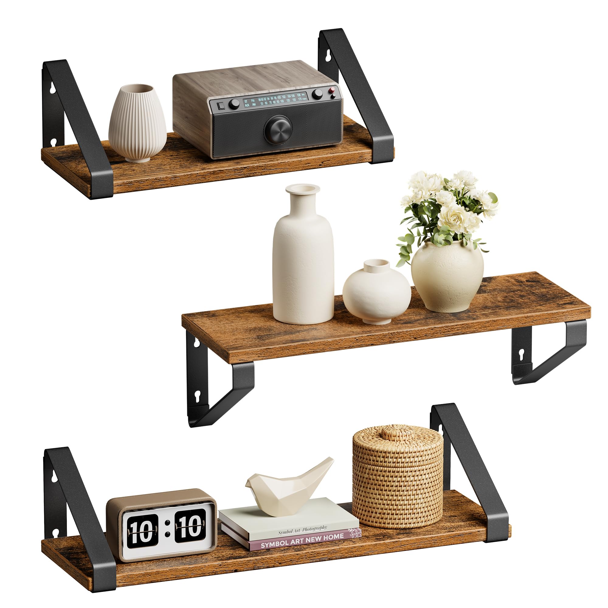 VASAGLE Wall Shelf, Floating Shelf, Set of 3, Shelf, 2 Mounting Options, Display Shelf, for Living Room, Kitchen, Study, Bathroom, Rustic Brown and Black LWS33BX