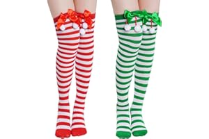 Haakong 2Pairs Christmas Striped Thigh High Socks for Women Long Knee High Socks with Bow Candy Cane High Stockings with Bow(Striped)