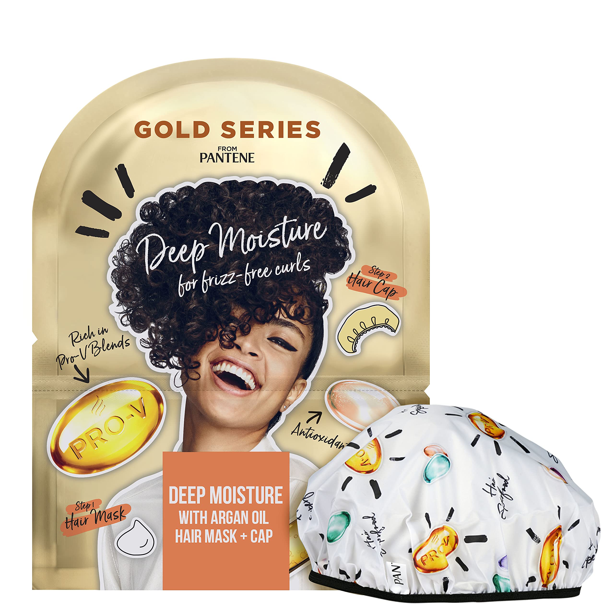 Pantene Gold Series Hair Mask & Reusable Shower Cap, Stocking Filler, Deep Moisture Conditioner Hair Treatment, Curly Hair Products, 20ml, Gifts for Women