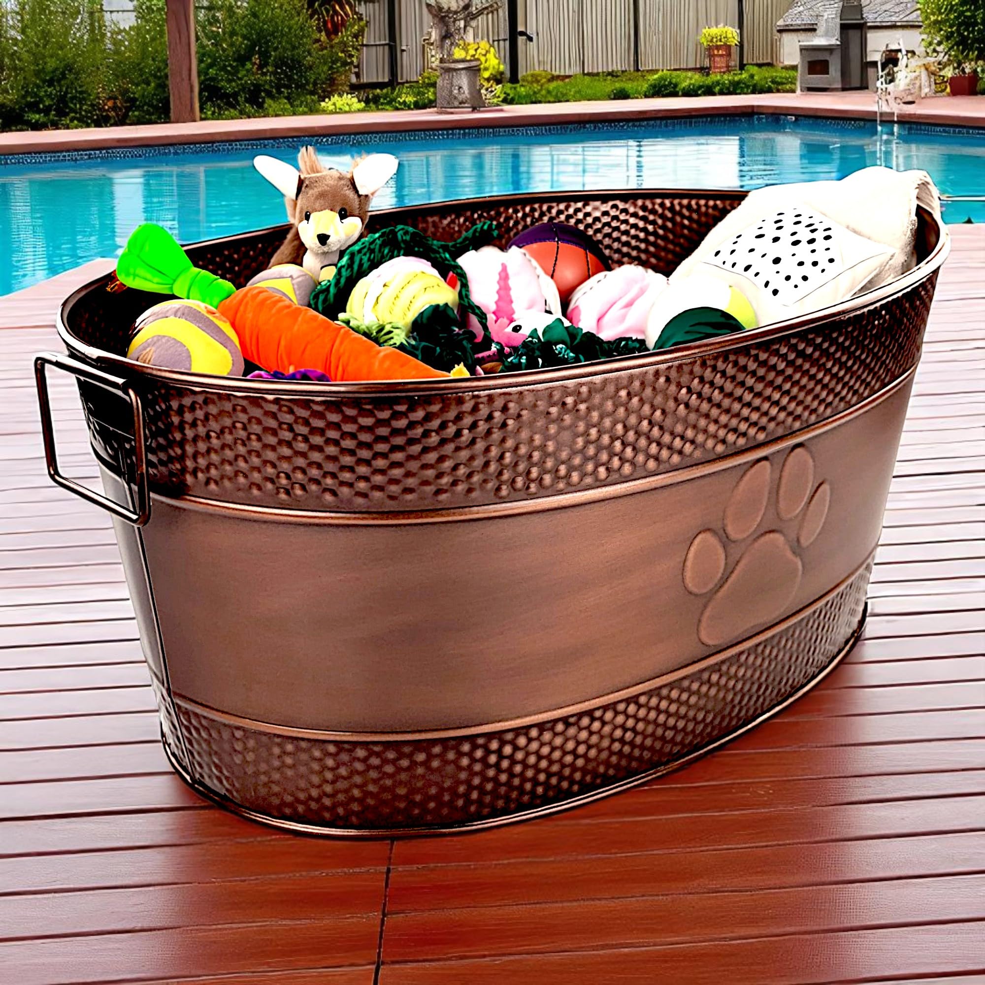 BREKX Indestructible Metal Dog Toy Bin - Copper Galvanized Storage Bin with Handles, Puppy Basket for Dog Storage, Blankets, & Leashes, Paw Pet Toy Box (25-Quart)