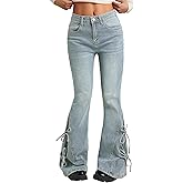 Women Bell Bottom Jeans Lace Up Bow Stretch Flare Denim Pants Cute Y2k Vintage Jeans