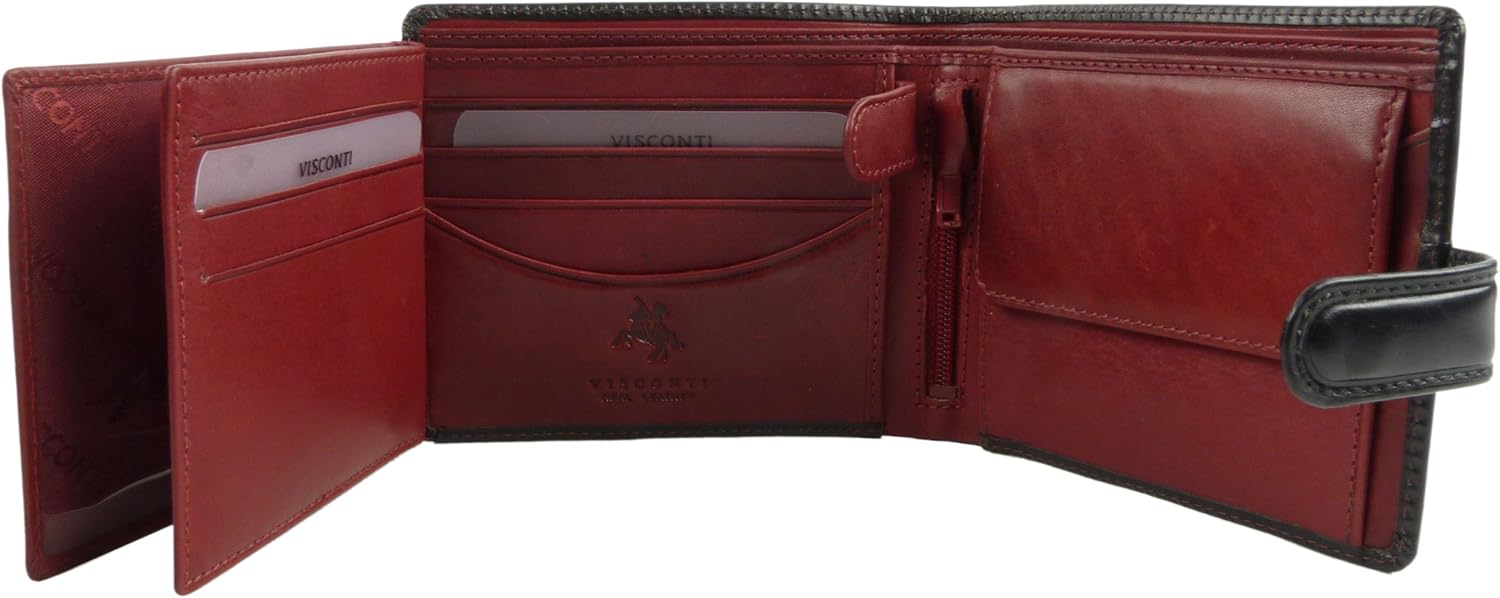 Visconti Leather Mens Tri Fold Wallet Torino Collection Black Red - Image 4