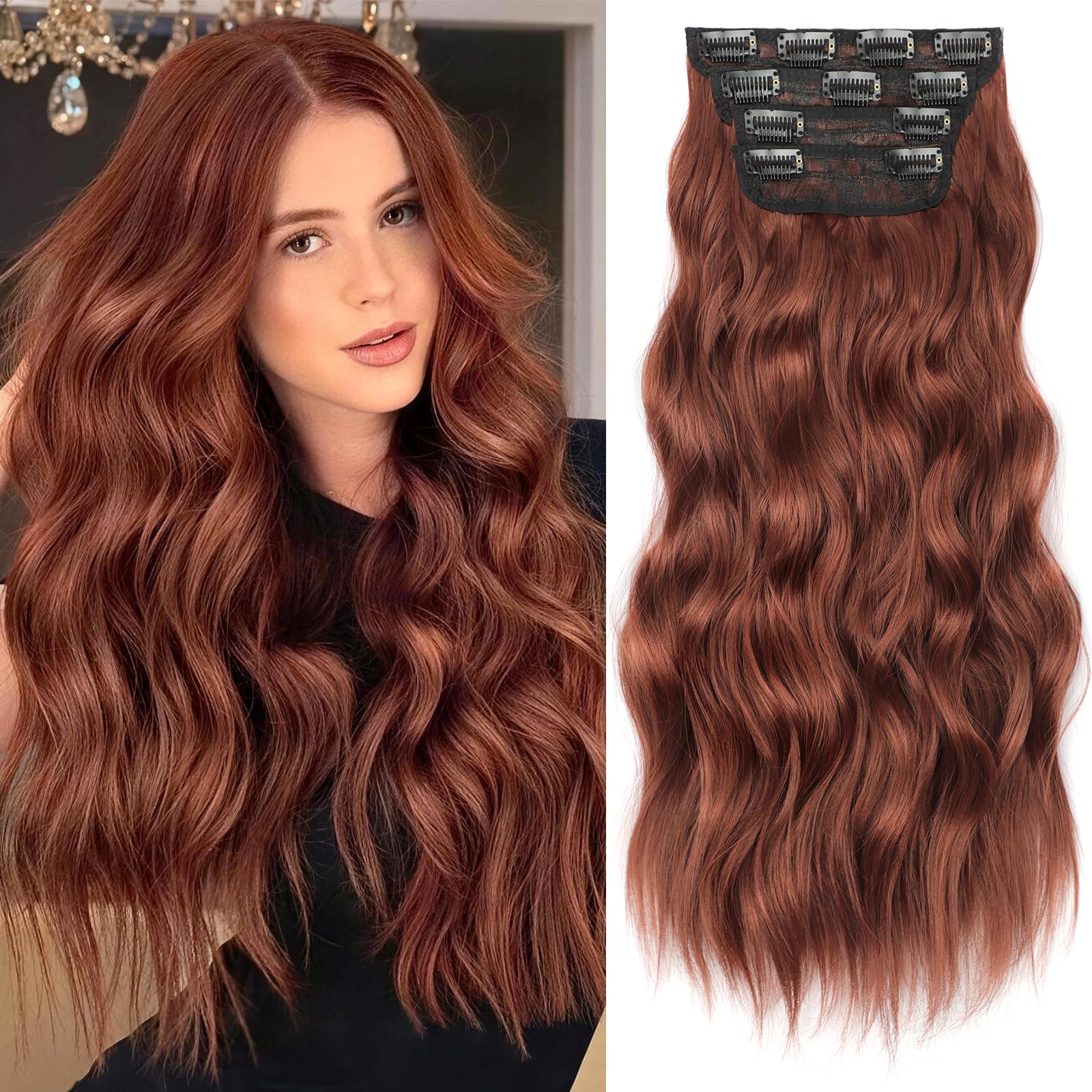 kookastyle clip in synthetic hair extensions long wavy 4pcs thick hairpieces auburn fiber double wef
