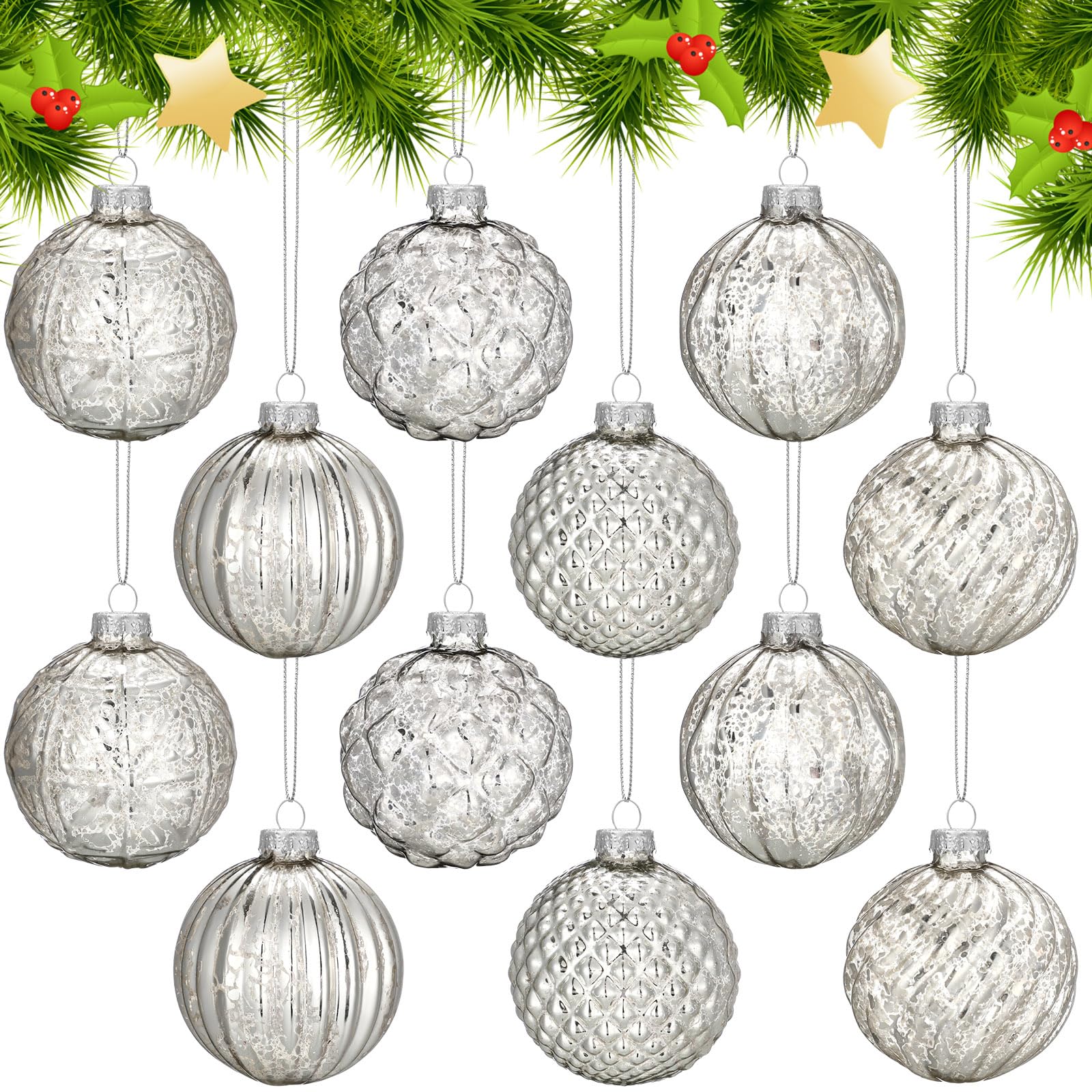 Photo 1 of **DIFFERENT COLOR**
Jenaai 12 Pcs 2.36 Inch Silver Glass Christmas Ball Ornaments Vintage Christmas Tree Decorations Mercury Glass Hanging Ornaments for Trees Xmas Holiday Party Garland DIY Craft Supplies, 6 Style