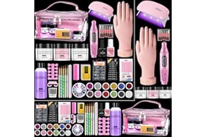 WILFNIEE Nail Kit for Beginners with Everything: Practice Hand Acrylic Nail Set Professional Powder Drill Liquid Starter Kits with U V Lamp in Cosmetic Gift Bag for Women Salon Home (Pink)