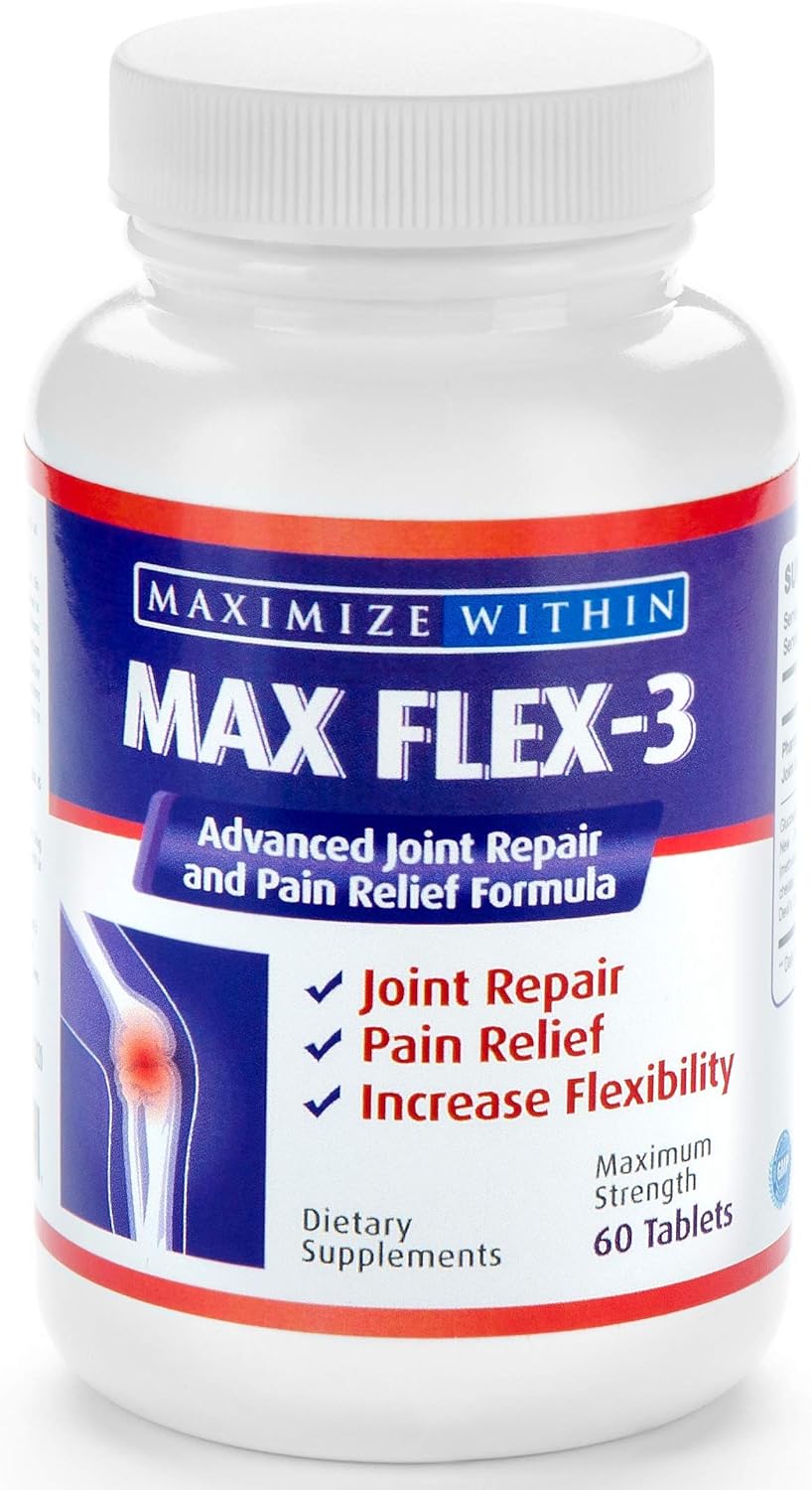 Max Flex-3-Advanced Joint Repair & Pain Relief Formula with Green Lipped Mussel. Support Treatment:Back Pain,Shin Splints,Arthritis,Tennis Elbow-Manage Knee,Hip&Shoulder Joint Flexibility MONTH SUPPLY: Health & Personal Care