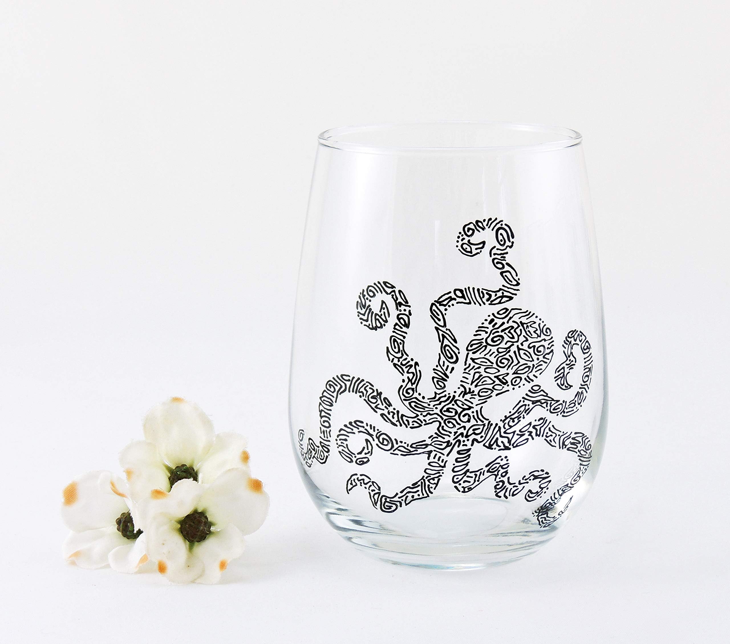 Hand painted octopus stemless wine glass - Personalized