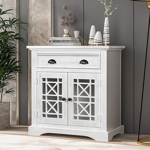 Amazon Com Knocbel Accent Storage Cabinet With Doors And Drawer Home Office Bedroom Living Room Storage Chest Fully Assembled 29 L X 14 7 W X 29 5 H Vintage White Home Kitchen