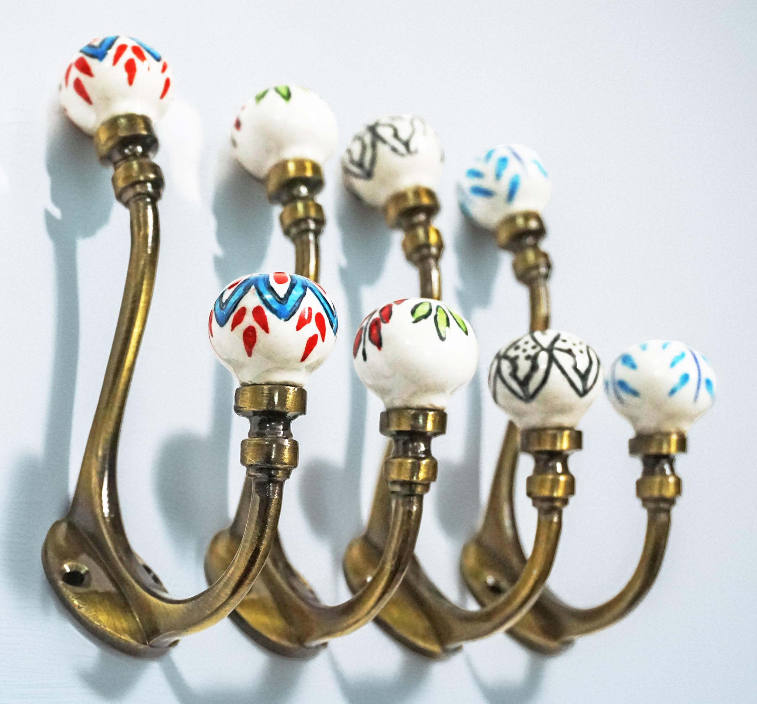 Set of 4 x Mix Vintage Look Colourful Ceramic Hook Wall Coat Hooks Hat Clothes Hanger