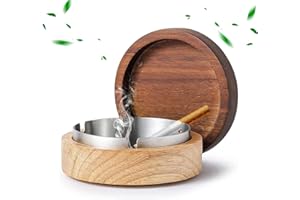Ashtrays for Cigarettes, Outdoor and Indoor Ashtray Weed with Lid Smell Proof Wooden Ashtray With Stainless Steel Liner (Roun