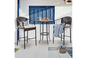 PORWEY 3 Piece Patio Bar Set, Outdoor Rattan Wicker Bar Height Table and Chairs Set, High Top Bistro Set with Pub Table and 2 Cushioned Stools, Outdoor Furniture Set for Backyard Poolside Porch, Beige