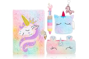 Auidy_6TXD Unicorn Diary Gifts for Girls, Unicorn Plush Diary with Lock and Keys, Unicorn Fuzzy Notebook Fuzzy Journal for Girls Journal School Notebook Secret Diary with Pen, Unicorn Gift for Girls