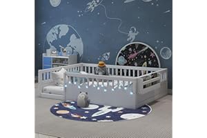 MIRIGHTONE White Floor Bed, Full Size Montessori Bed with High Fence Railings, Wood Playhouse Beds with Rails, Light & Storage for Baby Kids Boys Girls Teens, No Slats Included